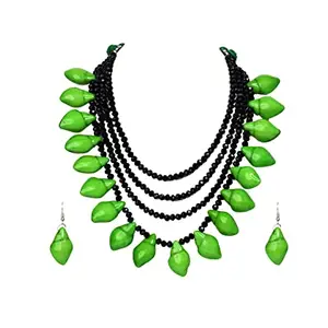 Unique Fashion House Handmade Boho Design Crystal Necklace Set Fused with Chemical Beads for Women and Girls (Black and Green)