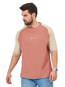 Maniac Mens Printed Round Neck Raglan Sleeve Onion Cotton Oversized Fit T-Shirt, Large,Pink