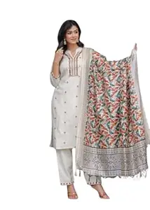 Honesst Ennterprise Women's Cotton Embroidered Straight Kurti With Pant and Dupatta Set