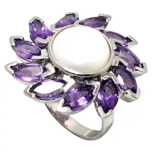Rajasthan Gems Band Ring 925 Sterling Silver Natural Pearl & Amethyst Gem Stone Traditional Women Men Unisex Handmade Gift j979