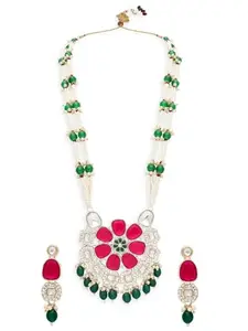 OOMPHelicious Jewellery Green & Rani Pink Long Mala Jadau Necklace Set - Kundan Studded with Earrings for Women & Girls Stylish Latest (NEST30_CC1)