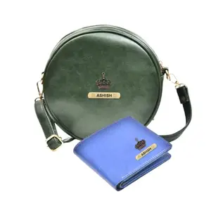 YOUR GIFT STUDIO : Classy Leather Customized Chained Sling Bag Round + Men's Wallet - Green Royal Blue