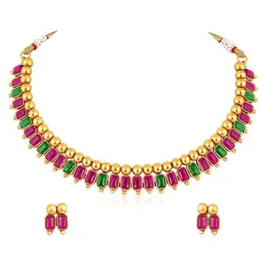 Peora Gold Plated Pink & Green Synthetic Stone Studded Necklace & Stud Earrings Set Ethnic Fashion Jewellery for Women & Girls