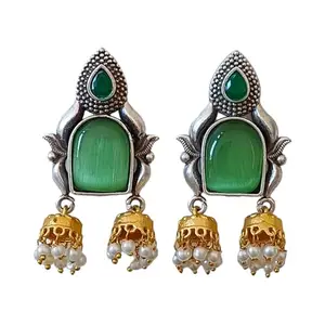 JEWILLEY Unique Design Light Weight Silver Plated Monalisa Stone Drop Jhumka Earrings | Accessories Jewellery | Traditional Silver Oxidised Jhumka (Green)