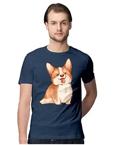 Men's Regular Fit T-Shirt Cute Corgi in Watercolour - Hand Drawn 100% Cotton T-Shirt Navy Blue; _HNMNORWR-Navy Blue L Men Round_bz