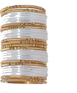 Dreamy Designs Glass bangle anju, golden bangle set (pack of 28) (White, 2.4)