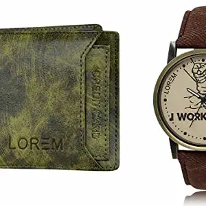 LOREM Green Color Faux Leather Wallet & Grey Analog Watch Combo for Men | WL27-LR29