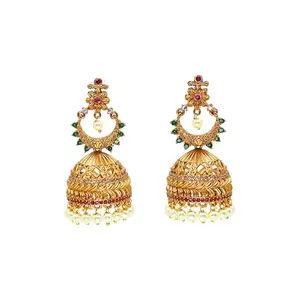 THESOULJEWELLERY Antique Matte Gold Plated Anupama Jhumka Earrings with Flower Design| South Indian Jewellery For Women| Pearl Drop & CZ Studded Earring| Traditional Temple Jewellery for Women|