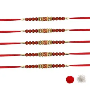 I Jewels Mens Rudraksha Rakhi With Roli Chawal & Rakshabandhan Card For Bro/Brother/Bhai (R219-5) (Set Of 5)