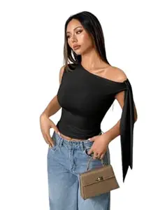 TIVANTE Solid One Shoulder Top for Women Stylish Western | Sleeveless top for Women | Korean top | Crop top for Woman