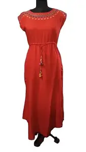 Women's Embroidered Maxi Dress, Red, Cap Sleeve, Drawstring Waist, Ethnic Style