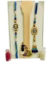 Bhiya Bhabhi Rakhi Set with Blue and Gold Beaded Design, Brother And Bhabhi Lumba Floral Kundan Bracelet For Raksha Bandhan Couple Pearl Rakhi