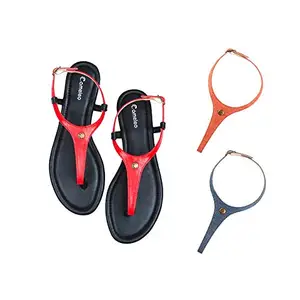 Cameleo -changes with You! Women's Plural T-Strap Slingback Flat Sandals | 3-in-1 Interchangeable Strap Set | Red-Leather-Red-Dark-Blue
