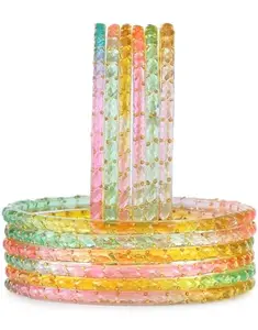 Glass Bangles Set for Women, Multi-Colour with Glitter Pattern, Traditional Design (Light, 2.4)