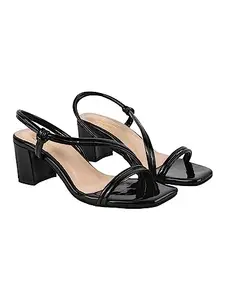 Shoetopia Solid Elastic Black Block Heeled Sandals For Women & Girls /UK7