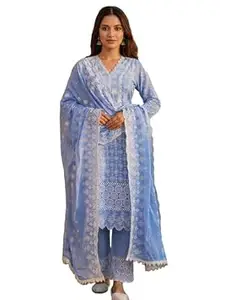 INDO ERA Women's Pure Cotton Ethnic Motif Embroidered Straight Calf Length Kurta with Pant & Dupatta Set (IENXR10198)