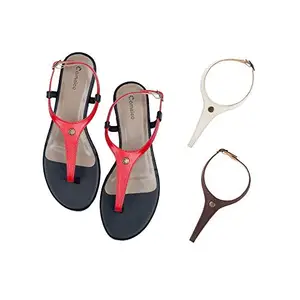 Cameleo -changes with You! Women's Plural T-Strap Slingback Flat Sandals | 3-in-1 Interchangeable Leather Strap Set | Red-White-Brown