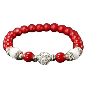 RRJEWELZ Natural Red Stone & White Onyx 8mm Round Shape Smooth Cut Beads 6.5 Inch Stretchable Bracelet for Men & Women.|STBR_RR_08170_6.5