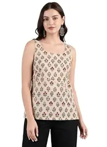 Pinkmint Kurti for Women Printed Sleeveless Women's Kurti Top with Back Tie-Up | Cotton Blend Ethnic Fusion Women Top for Office Wear, Casual Wear, Beach College, Festive & Party Look