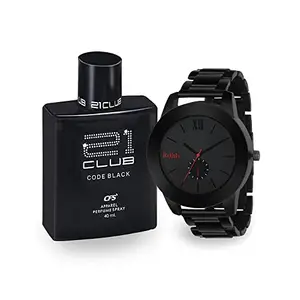 Relish Black Analog Watch Metal Chain with Perfume for Men Combo Pack | Birthday, Rakhi Gift for Brother, Valentine Gift Boyfriend