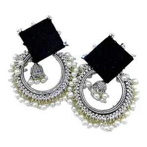 Adwait Comfy Handmade Stylish Trendy Statement Fabric Earrings | Traditional Ethnic Fancy Jewelry Accesories For Women 7117 (Black Silver chandbali)