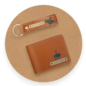 SAVRI Leather Personalized Men's Wallet with Keychain Combo with Name Engraved and Elegant Charm- Best Gift Choice for Men (Tan)