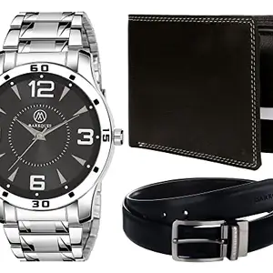 MARKQUES Stainless Steel Chain Men's Watch, Leather Wallet and Belt 3 in 1 Combo Gift Set for Men and Boys (BON-770109-SPT-01-NL-01)