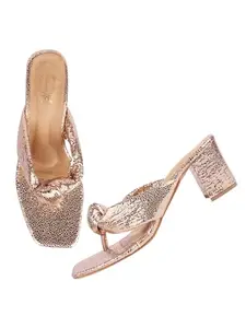Shoetopia Embellished Rose-Gold Sparkle Block Heeled Sandals For Girls