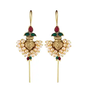 Vivastri"s Premium & Unique White Pearl Beaded Alloy Made Gold Plated Peackock Styled Multi Coloured CZ Stone Centered Ear Cuff For Women & Girls -VIVA2650ERG-MULTI