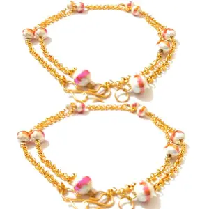 NANMAYA Handmade Collection Golden Anklets and Artificial Orange Beads 10.5 Inches Pack of 2
