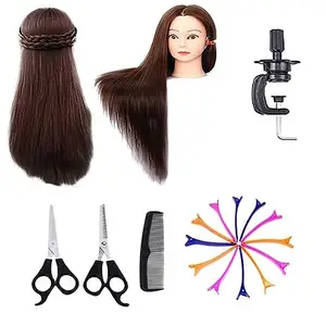 Verbier Hair Dummy For Practice All Purpose With Clamp Stand | Hair Dummy For Hair Styling Practice Hair Cutting, Curling Training Head For Hairdressing Pack Of 1 (Dark Brown Color)