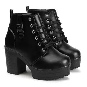 STRASSE PARIS Women's Round Toe Boots Buckle Lace Up Chunky Block Heel Boots for Women,5