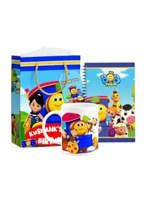 4 in 1 Bob Theme Coffee Mug, Note Book,Thank You Card, and Paper Bag Combo | Train Theme Return Gift for Kids Birthday Party