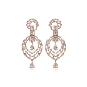 Ratnavali Jewels Brass Rose Gold Plated American Diamond Studded CZ Wedding Dangle Drop Earrings For Women Girls
