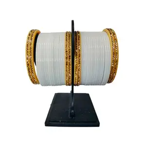 Traditional White Bangles Set with Crystal Rhinestones, Gold Trim, Wedding Collection (2.4)