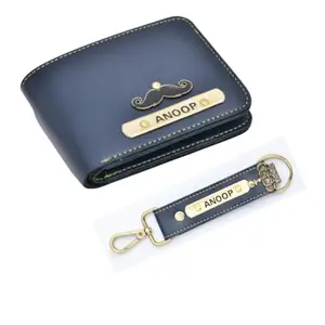 The Unique Gift Studio Men's Leather Wallet and Keychain Combo with Personalised Name and Logo on Wallet - Design 2, Blue