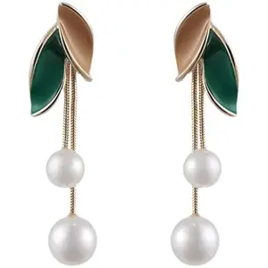Dash Designs Korean Earrings Long Vintage Leaf Pearl Pendant Earrings For women.