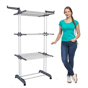 TEG DEL TEG | Cloth Drying Stand for Balcony | Rust Proof Stainless Steel Foldable 3 Layer Clothes Drying Rack Cloth Dryer Stand for Balcony and Home | (3 Tier (3 Layer), Premium Black with Grey)