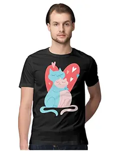 ALLEN BLACK Men's Regular Fit T-Shirt Valentine Cats in Love 100% Cotton T-Shirt Black_VALCTSINLV -Black 2XL Men Round_