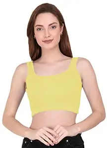THE BLAZZE 1044 Women's Cotton Basics Sexy Solid Square Neck Slim Sleeveless Saree Readymade Saree Bra Blouse Crop Top T-Shirt for Women (X-Large, L-Yellow)