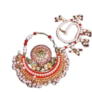 Traditional Indian Nath Nose Ring with Pearls, Red and Green Stones