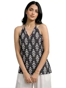 Aahwan Printed V-Halter Neck Sleeveless Backless Short Tunic Top & Kurti for Women's & Girl's