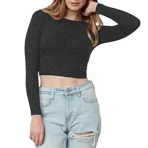 Women's Cotton Boat Neck Full Sleeve Solid Casual Wear Crop Top for Women L355