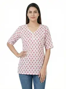 Cotton Short Kurti Top Teenager Girl(5'3 Height, Length 25inch) V Neck Printed Half Sleeve for Office & College Girls Fit