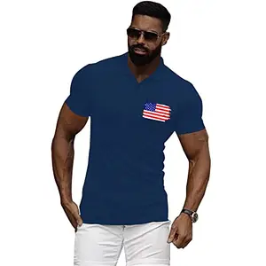TeeWink Regular Fit Stylish Unisex Graphics Printed Casual Wear Polo Collar USA Flag T-Shirts Navy Blue