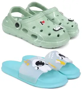 Pampy Angel Combo Pack of 2 Slipper/Flip Flops/Slides/Clogs/Sandals with Adjustable Back Strap for Women,(WCL-LGirl-Green,Tra-Space-Blue),41 (Euro)