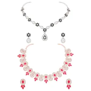 Jewellery Stylish Rose Gold and Silver Plated AD Stone Studded Jewellery Choker Necklace set Combo with Matching Pair of Earrings For Women and Girls(Lohri-RG-Pink & Sparsh-SLR-GREEN)