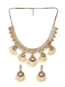 Priyaasi Chand Ruby Pearl Elegance Gold Plated Lakshmi Design Necklace Drop Earrings Jewellery Set