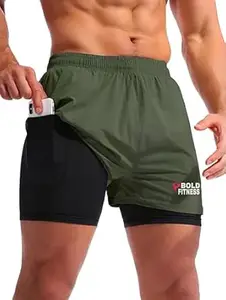 BOLD FITNESS 2 in 1 Active Dual Shorts with Inner Tights Layer | Men's Double Layer Short for Running, Gym & Sports