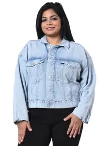 Happening Plus Size Women Baggy Fit (Loose Fit) Soft Denim Summer Jacket - Faded Ice Blue Color - Non Stretch Fabric to Fit Bust Size (XL) 42 to (6XL) 52 inches (6XL)
